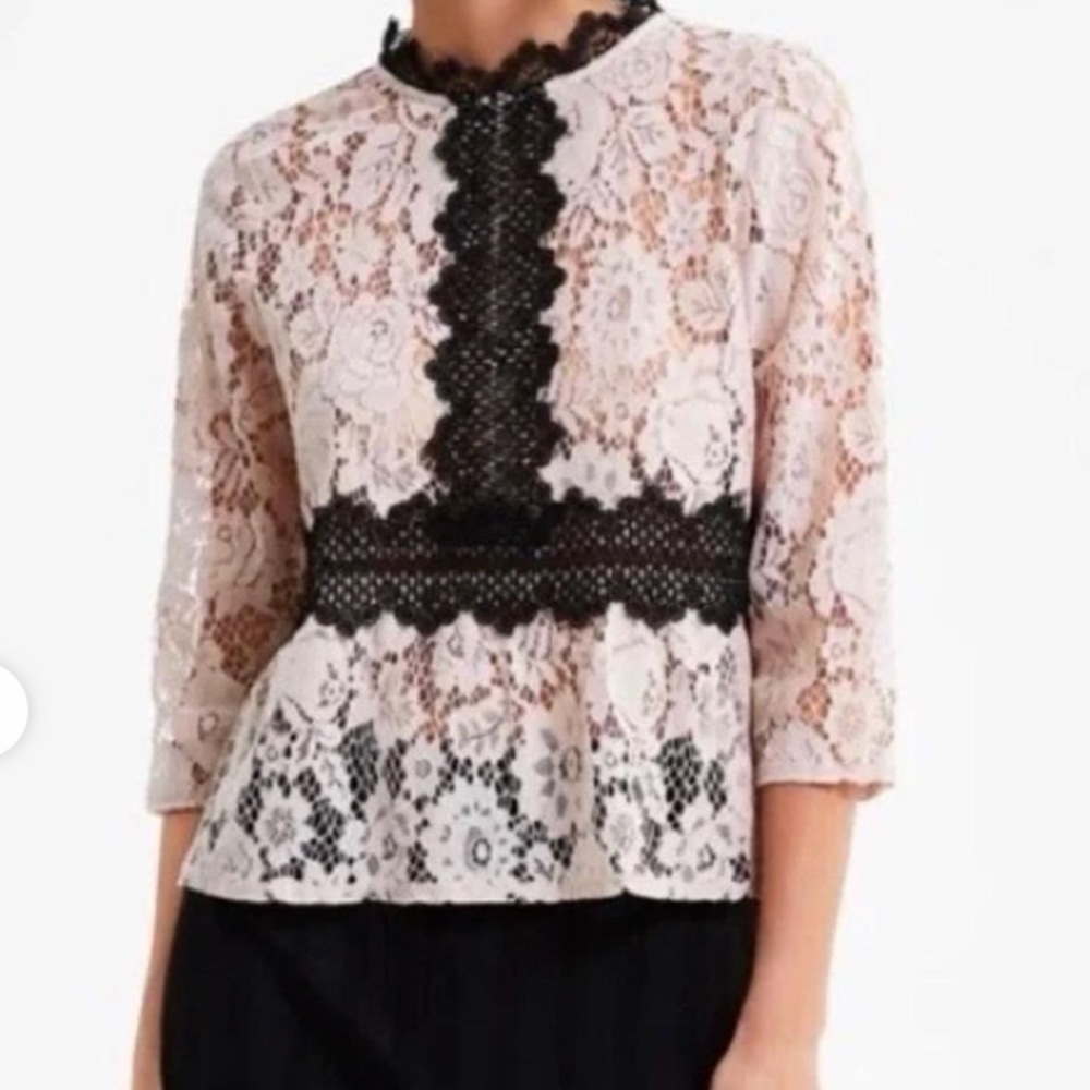 Zara Pink Peplum Blouse with 3/4 Sleeves and Mandarin Collar
